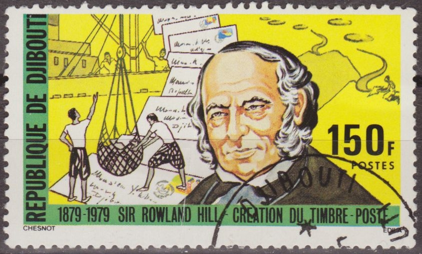 z vendido Djibouti 1979 Scott 495 Sello º Sir Rowland Hill Descargando Correo de Barco y Cartas 150F doblez central